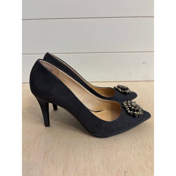 Ann Taylor Factory Shoes - Ann Taylor Factory Gray Embellished Heels Shoes Pointy Textile Upper Size 8 3”